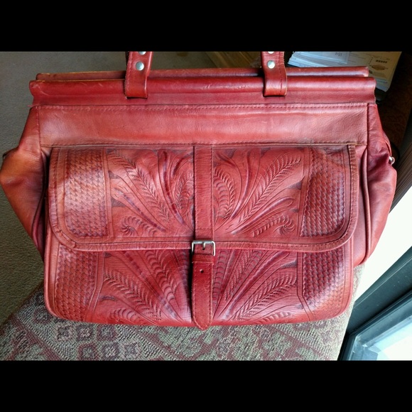 Handbags - Red Leather Overnight Tooled Leather Bag